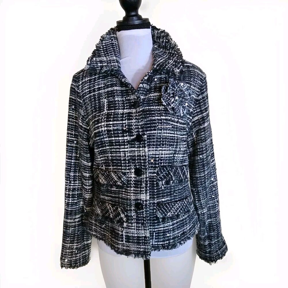 VTG ANAGE Black/White Plaid Tweed Beaded & Sequin Accent Sz M Original Brooch